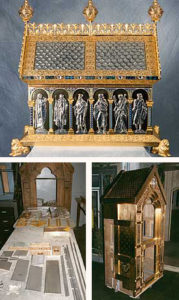 Aus Silber getriebene Figuren und filigrane Emaillearbeiten, ornamentales Rankenwerk und versilberte Kupferschindeln sind nur einige Details, die den Reliquienschrein der Heiligen Perpetua und Felicitas der Propsteikirche St. Peter und Paul in Bochum kennzeichnen.